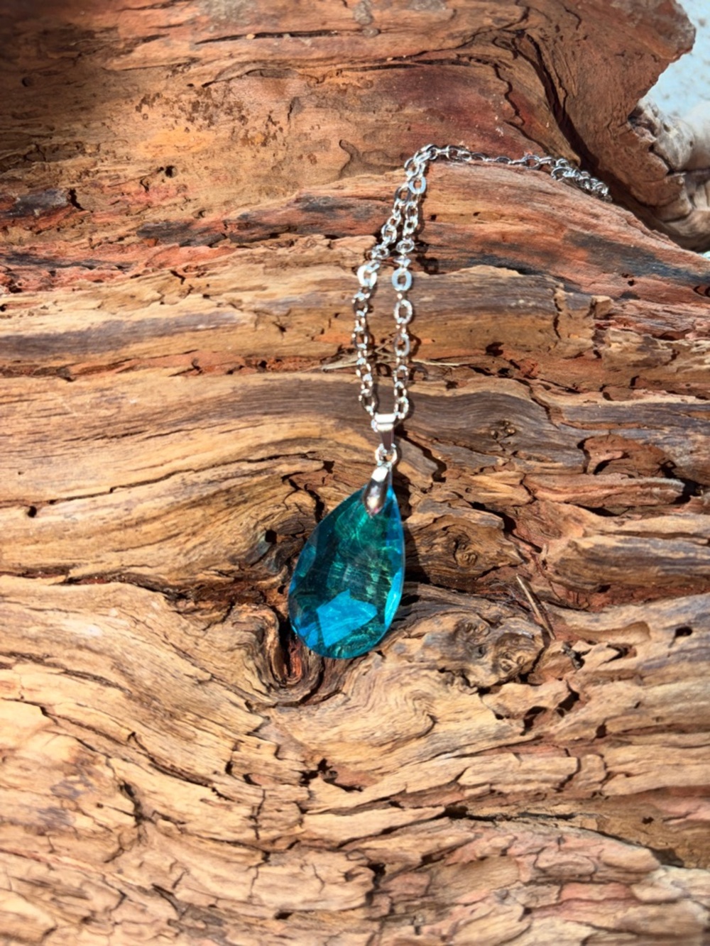 Teardrop Blue Crystal Pendant Necklace - Silver Chain